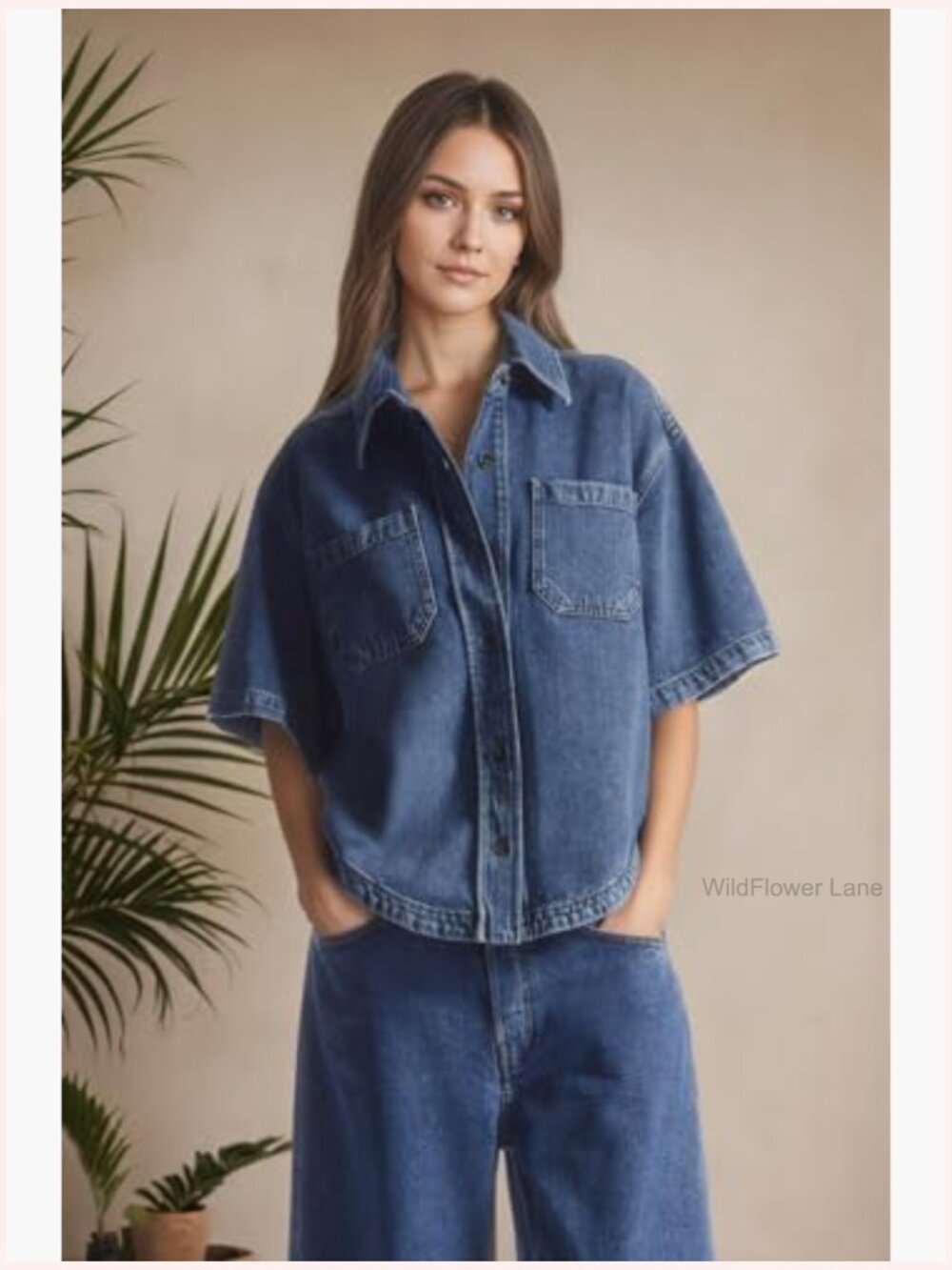 Women's Crop Denim Shirt Button Down Short Sleeve Oversized Jean Top - Picture 6 of 7